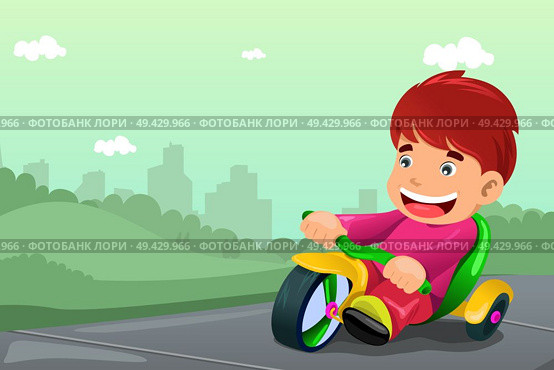 A vector illustration of cute boy riding tricycle in the park. Стоковая иллюстрация, агентство Ingram Publishing / Фотобанк Лори