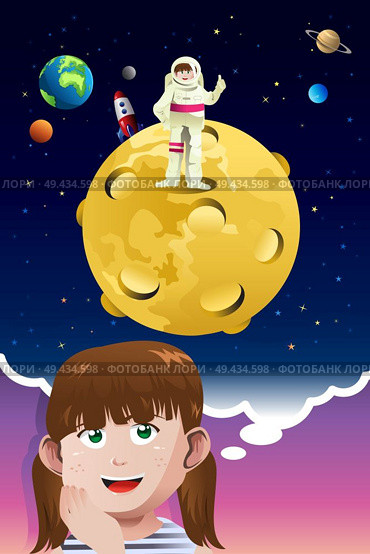 A vector illustration of cute young girl aspiring to be an astronaut going to the moon. Стоковая иллюстрация, агентство Ingram Publishing / Фотобанк Лори