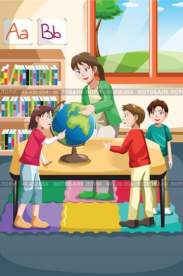 A vector illustration of kindergarten teacher and students looking at a globe in the classroom. Стоковая иллюстрация, агентство Ingram Publishing / Фотобанк Лори
