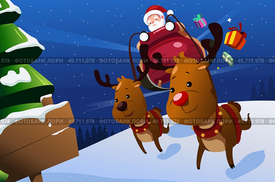 A vector illustration of Santa Claus Riding Sleigh Reindeers . Стоковая иллюстрация, агентство Ingram Publishing / Фотобанк Лори