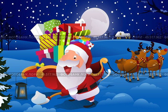 A vector illustration of Santa Claus with sleigh shoveling snow. Стоковая иллюстрация, агентство Ingram Publishing / Фотобанк Лори