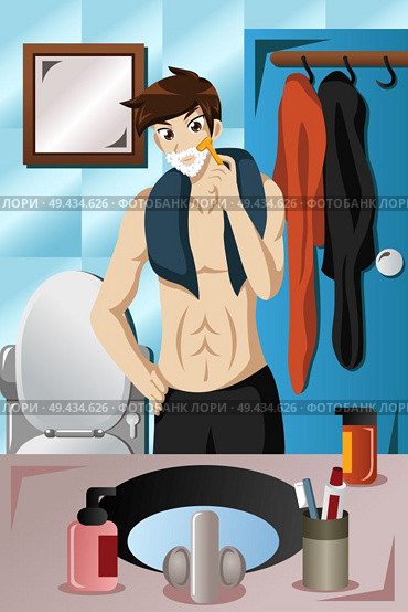 A vector illustration of young man shaving using a razor in the bathroom. Стоковая иллюстрация, агентство Ingram Publishing / Фотобанк Лори
