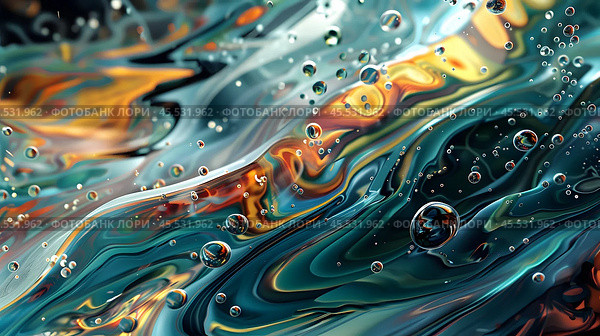 A vibrant abstract image with swirling colors of orange, blue, and red, accented with bubbles. Fluid art style, dynamic and lively. Стоковое AI-изображение, AI-художник Александра Рублева / Фотобанк Лори