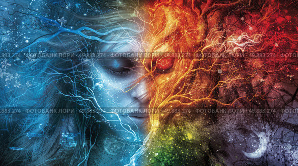 A vibrant artistic portrayal of the four seasons using a female face, with distinct color themes and elements representing winter, spring, summer, and autumn. Стоковое AI-изображение, AI-художник Данила Большаков / Фотобанк Лори