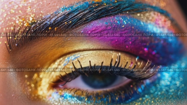 A vibrant close-up of an eye covered in colorful shimmering makeup, combining gold, blue, and pink pigments for a glamorous artistic effect. Стоковое AI-видео, аниматор Igor Tichonow / Фотобанк Лори