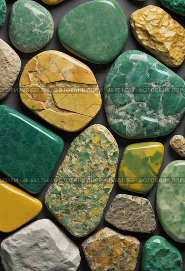 A vibrant collection of unakite mineral stones and epidosite showcases the unique textures and colors of metamorphic rock Generative AI. Стоковое AI-изображение, AI-художник Юлия Петровская / Фотобанк Лори