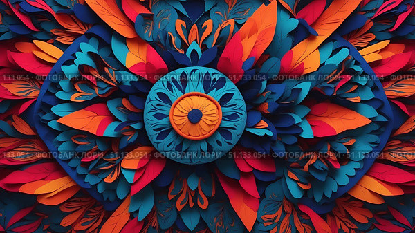 A Vibrant Floral Design Showcasing Beautiful Combinations of Blue and Orange Colors in Art. Стоковое AI-изображение, AI-художник Лариса Пономарева / Фотобанк Лори