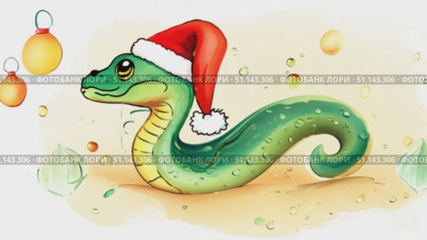 A vibrant green serpent with a Santa hat embraces the holiday spirit in this joyful artwork. Стоковое AI-видео, аниматор Данила Большаков / Фотобанк Лори