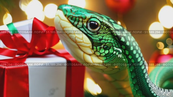 A vibrant green snake curiously approaches a beautifully wrapped present beneath a twinkling Christmas tree, perfect for the holiday spirit. Стоковое AI-видео, аниматор Данила Большаков / Фотобанк Лори
