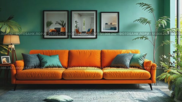 A vibrant living room showcases an orange sofa paired with teal pillows, green walls, and decorative plants creating a lively atmosphere. Стоковое AI-видео, аниматор Данила Большаков / Фотобанк Лори