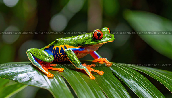 A vibrant red-eyed tree frog resting on a tropical leaf symbolizing biodiversity and environmental awareness in rainforests. Стоковое AI-изображение, AI-художник Ольга Сухарева / Фотобанк Лори