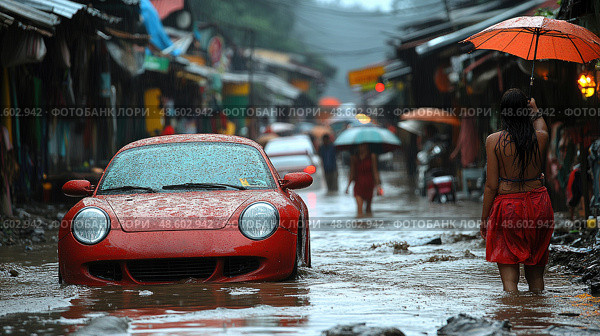 A vibrant red sports car is partially submerged in floodwaters as market-goers navigate through the streets carrying umbrellas during heavy rain. Стоковое AI-изображение, AI-художник Данила Большаков / Фотобанк Лори