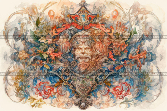 A vibrant watercolor illustration in the style of a baroque ornament depicting a mythological character — an old man with a beard surrounded by ornate plant patterns, flowers, animals and symbols. The composition is rich in details that are organically combined in a symmetrical structure. The central figure resembles a Slavic or Celtic forest spirit, the guardian of nature. The work is done in a soft color scheme with a predominance of blue, red and ocher shades. Suitable for use in design projects, book design, covers, packaging, as well as decorative wall art. Стоковое AI-изображение, AI-художник Анна Кривицкая / Фотобанк Лори