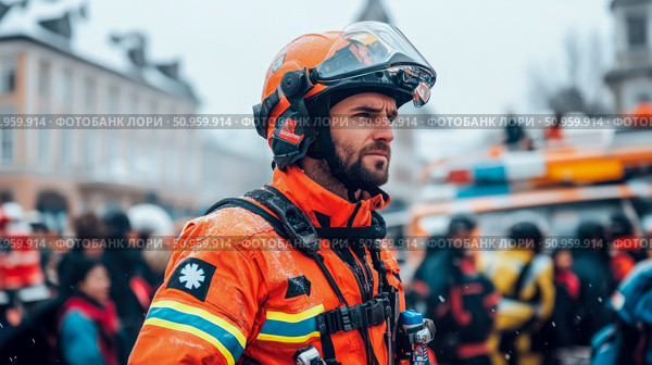 A vigilant public servant in a bright orange protective suit and helmet, ready for winter emergency operation in an urban setting. Стоковое AI-изображение, AI-художник Данила Большаков / Фотобанк Лори