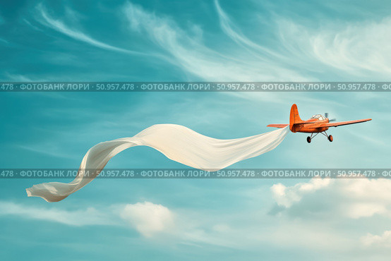 A vintage-style small aircraft flies gracefully, towing a large empty white banner across the sky. The charming scene showcases the nostalgia of classic aviation and aerial advertising. Стоковое AI-изображение, AI-художник Nart / Фотобанк Лори