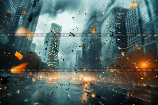A violent hurricane-force windstorm ravages a modern city. Streetlights bend and trees uproot as debris flies amid the chaos, showcasing nature's destructive power. Стоковое AI-изображение, AI-художник Nart / Фотобанк Лори