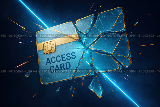 A Visually Striking Representation of a Shattered Access Card Symbolizing Security Breaches and Vulnerabilities in Digital Systems. Стоковое AI-изображение, AI-художник Башкирова Анна / Фотобанк Лори