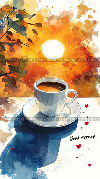 A warm cup of coffee rests on a table, basking in the golden glow of a vibrant sunrise, creating a peaceful morning atmosphere. Стоковое AI-изображение, AI-художник Данила Большаков / Фотобанк Лори