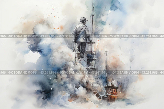 A watercolor painting of a sailor standing at the top of a ship's mast, surrounded by clouds of smoke and fog. A sailor in work clothes looks into the distance, being at a height where the structures of masts and equipment are visible. The painting is made in soft, blurry colors, creating an atmosphere of a foggy and mysterious seascape. In the distance you can see the outlines of other ships immersed in haze. The work conveys a sense of adventure and unpredictability of a sea voyage. Стоковое AI-изображение, AI-художник Анна Кривицкая / Фотобанк Лори