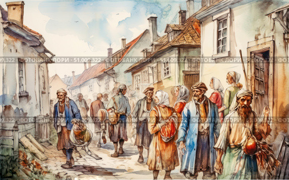 A watercolor street scene of an Eastern European town of the 18th-19th centuries. Peasants, traders and women in traditional clothing walk along a narrow pavement. The atmosphere conveys the spirit of old times: simple houses with tiled roofs, everyday bustle, colorful faces. A separate detail is the figure of death in the form of a skeleton among ordinary people, giving the scene an allegorical, philosophical sound. The image is suitable for historical, ethnographic, cultural and art projects. Стоковое AI-изображение, AI-художник Анна Кривицкая / Фотобанк Лори