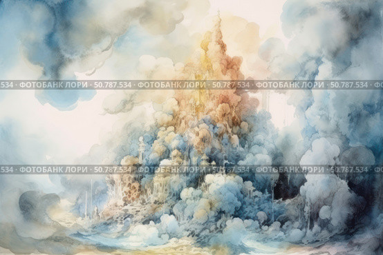 A watercolour fantasy illustration depicting a majestic castle seemingly floating in the clouds. The towers and domes of the architectural wonder are barely visible through the lush swirls of clouds, creating a sense of fairy tale, dream and magic. The colour palette is soft and airy - blue, cream and golden pink tones smoothly flow into each other. The image evokes the atmosphere of a utopia, a heavenly city or a castle on top of a myth. Стоковое AI-изображение, AI-художник Анна Кривицкая / Фотобанк Лори