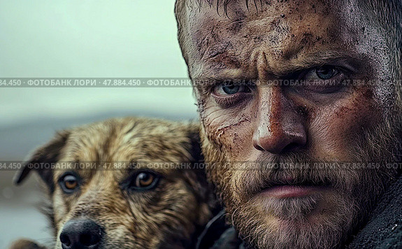 A weathered man with a fierce expression and a dirty face gazes intently, while a scruffy dog sits close beside him in a bleak outdoors. Стоковое AI-изображение, AI-художник Данила Большаков / Фотобанк Лори