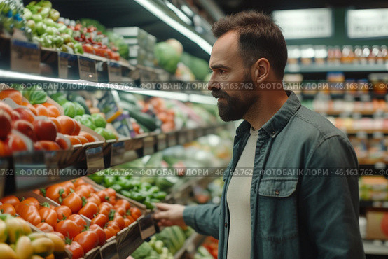 A well-dressed man browses through vibrant displays of fresh vegetables at a supermarket, selecting ripe tomatoes and peppers while enjoying his shopping experience. Стоковое AI-изображение, AI-художник Sergey Grishin / Фотобанк Лори