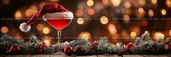 A whimsical, festive holidaythemed beverage topped with a charming Santa hat, ideal for joyful Christmas celebrations. Причудливый, праздничный напиток, увенчанный очаровательной шапкой Санта-Клауса, идеально подходит для радостных рождественских праздников. Стоковое AI-изображение, AI-художник Katsiaryna Repich / Фотобанк Лори