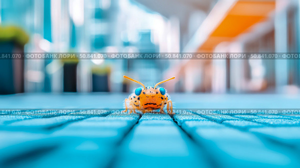 A whimsical insect explorer ventures across a blue brick road. Стоковое AI-изображение, AI-художник Данила Большаков / Фотобанк Лори