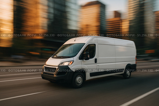 A White Delivery Van Navigating Through City Streets at Sunset, Capturing the Motion and Urban Energy in a Dynamic Urban Environment. Стоковое AI-изображение, AI-художник Башкирова Анна / Фотобанк Лори