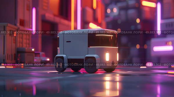 A white truck is driving down a busy street lined with tall buildings in an urban environment. Стоковое AI-изображение, AI-художник Данила Большаков / Фотобанк Лори