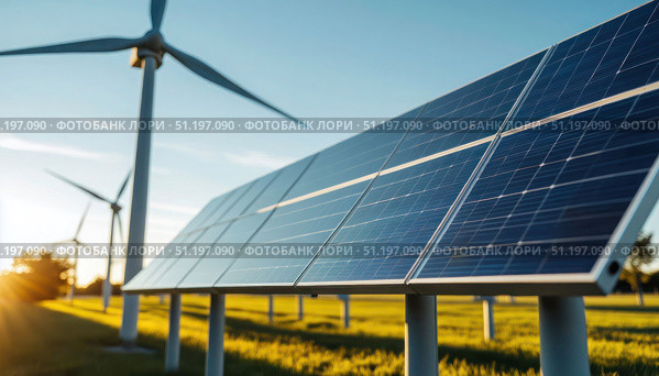 A wind farm with a large wind turbine and several solar panels. Стоковое AI-изображение, AI-художник Ярославский Максим / Фотобанк Лори