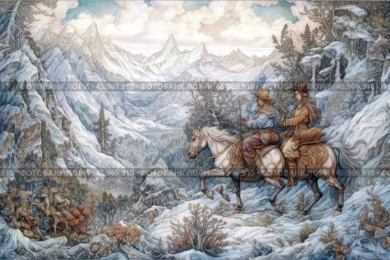 A winter mountain scene in which two riders ride horses through a snowy landscape. In the foreground are two people in winter clothing, with weapons and equipment, moving through the mountainous terrain. In the distance, majestic mountains covered in snow can be seen. The atmosphere of the scene depicted creates a sense of calm and detachment, but there is also a sense of adventure, restrained risk and the majesty of nature. The entire scene is done in pastel colors, with cool shades of blue, white and gray predominating. Стоковое AI-изображение, AI-художник Анна Кривицкая / Фотобанк Лори