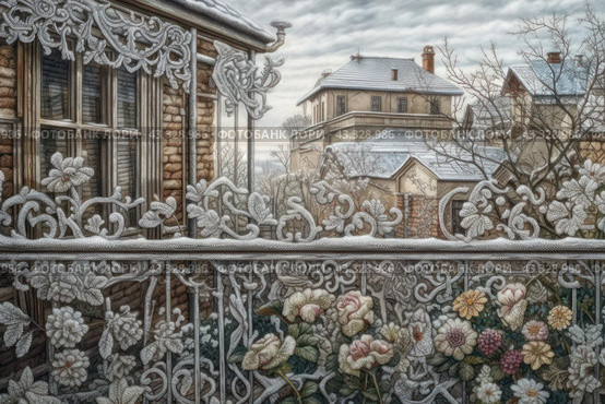 A winter scene made in a technique reminiscent of embroidery or lace. In the center of the composition is a balcony with elegant wrought iron railings, decorated with patterns and ornaments, covered with frost and snow. In the foreground you can see flowers, also covered with a coating of snow. Behind the balcony you can see the facade of a brick house with windows behind which you can see trees without foliage and neighboring houses with snow-covered roofs. The sky is overcast, creating a feeling of winter coolness and peace. Стоковое AI-изображение, AI-художник Анна Кривицкая / Фотобанк Лори