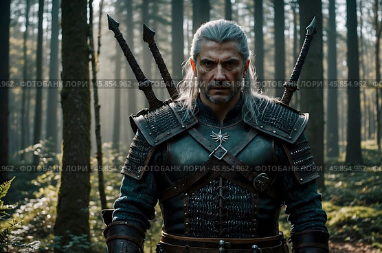A witcher with weapons and armor on a forest background. Стоковое AI-изображение, AI-художник Александр Поташев / Фотобанк Лори