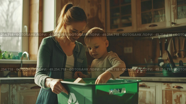 A woman and a child are sorting recyclables in a kitchen, placing items into a recycling bin. They are engaged in environmentally-friendly practices. Стоковое AI-изображение, AI-художник Данила Большаков / Фотобанк Лори