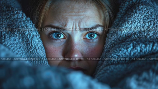 A woman appears terrified, wrapped in blankets, as she looks around the dark room, conveying a sense of dread and tension in the atmosphere. Стоковое AI-видео, аниматор Данила Большаков / Фотобанк Лори