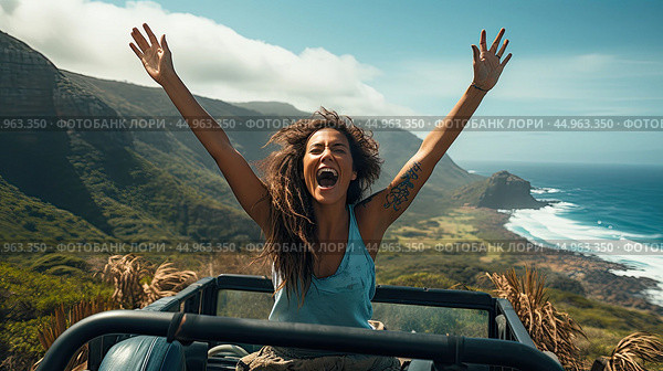 A woman celebrating freedom on a trip to the seaside. An adventurous off-road trip. Стоковое AI-изображение, AI-художник Ярославский Максим / Фотобанк Лори