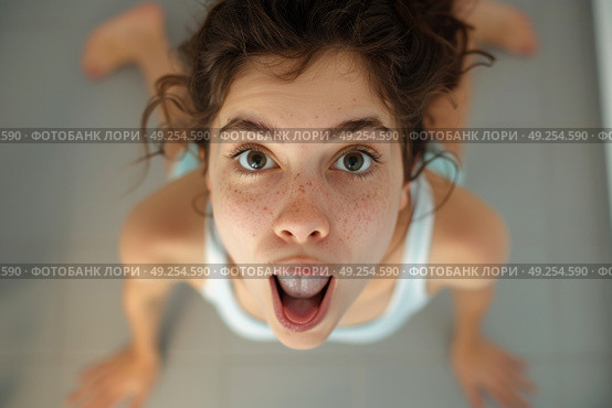A woman contorts her face into a funny expression as she lies on the floor. Стоковое AI-изображение, AI-художник Данила Большаков / Фотобанк Лори