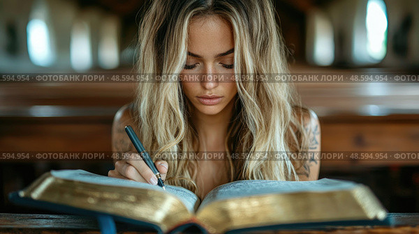 A woman focuses on her studies, writing notes in a book in a serene library setting illuminated by natural light. Стоковое AI-изображение, AI-художник Данила Большаков / Фотобанк Лори