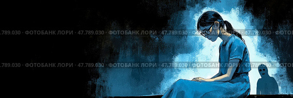 A woman in a blue dress sits quietly with her head bowed, while a mysterious shadowy figure appears behind her in a dimly lit environment. Стоковое AI-изображение, AI-художник Данила Большаков / Фотобанк Лори