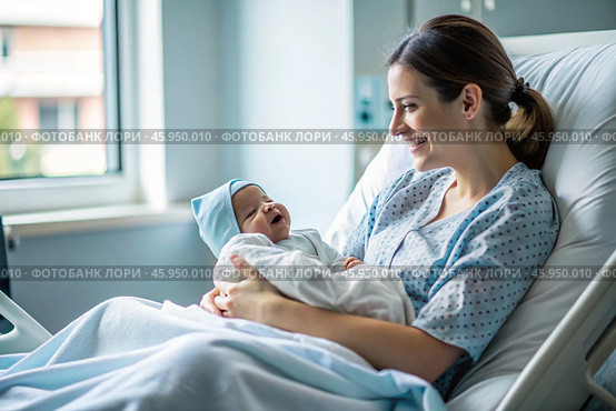 A woman in a hospital bed in the maternity ward. Mom has a newborn baby in her arms. Pregnancy and childbirth. Стоковое AI-изображение, AI-художник Photojuli / Фотобанк Лори