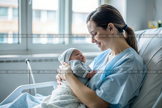 A woman in a hospital bed in the maternity ward. Mom has a newborn baby in her arms. Pregnancy and childbirth. Стоковое AI-изображение, AI-художник Photojuli / Фотобанк Лори