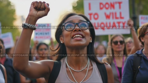 A woman in a protest march raises her right arm in a fist pump, her face filled with determination. The background is a blurred crowd of people walking on street. Стоковое AI-видео, аниматор Sergey Grishin / Фотобанк Лори