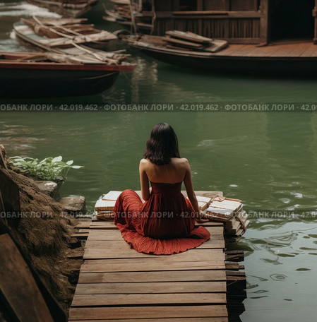 a woman in a red skirt is sitting in a boat with an airplane on the dock. Стоковое AI-изображение, AI-художник Юлия Гапеенко / Фотобанк Лори