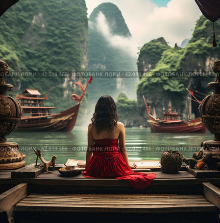 a woman in a red skirt is sitting in a boat with an airplane on the dock. Стоковое AI-изображение, AI-художник Юлия Гапеенко / Фотобанк Лори