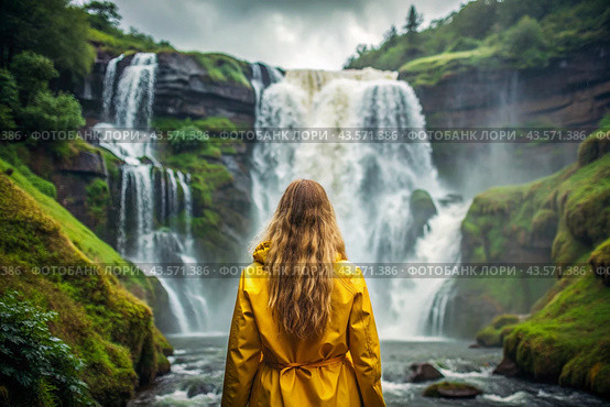 A woman in a rubber raincoat on the background of a huge blue waterfall. The girl travels and enjoys life and the environment. Tourism. Стоковое AI-изображение, AI-художник Photojuli / Фотобанк Лори