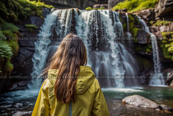 A woman in a rubber raincoat on the background of a huge blue waterfall. The girl travels and enjoys life and the environment. Tourism. Стоковое AI-изображение, AI-художник Photojuli / Фотобанк Лори