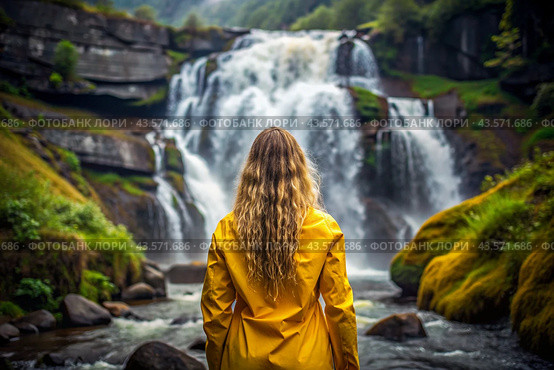 A woman in a rubber raincoat on the background of a huge blue waterfall. The girl travels and enjoys life and the environment. Tourism. Стоковое AI-изображение, AI-художник Photojuli / Фотобанк Лори