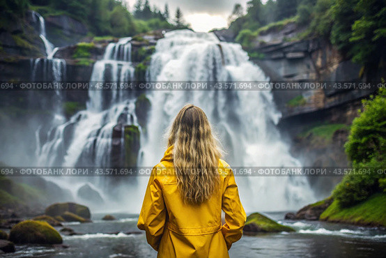 A woman in a rubber raincoat on the background of a huge blue waterfall. The girl travels and enjoys life and the environment. Tourism. Стоковое AI-изображение, AI-художник Photojuli / Фотобанк Лори